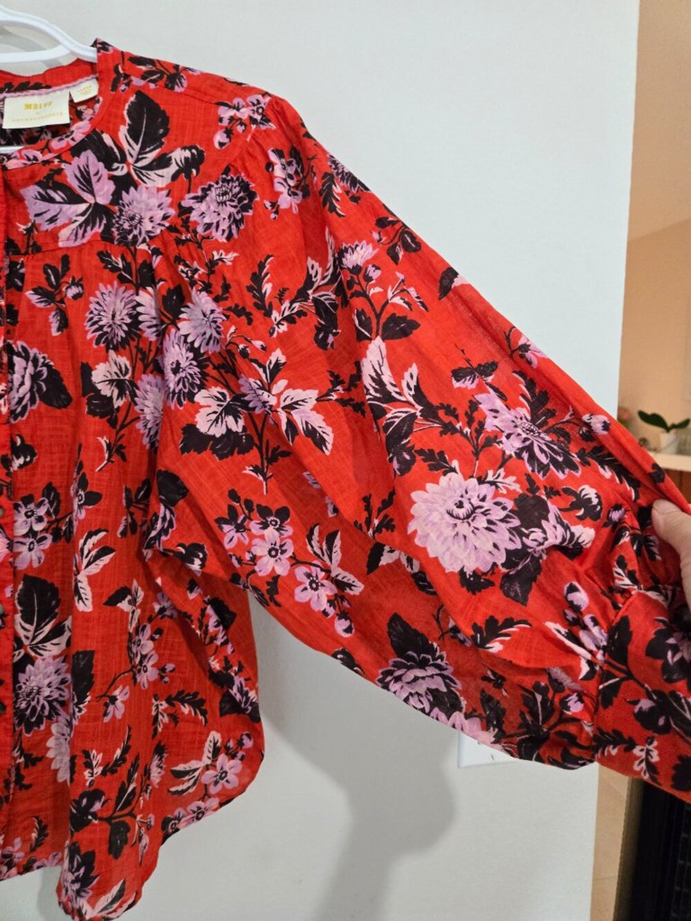 Maeve Anthropologie Red Orange Floral Pintucked Button-Down Boho blouse sz Large - Picture 5 of 14